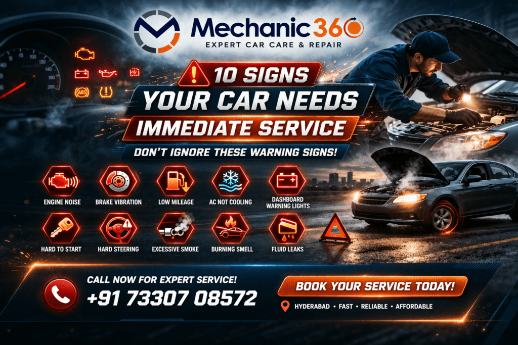 Mechanic360 car service guide showing warning signs like engine noise, brake vibration, AC problems and dashboard warning lights.