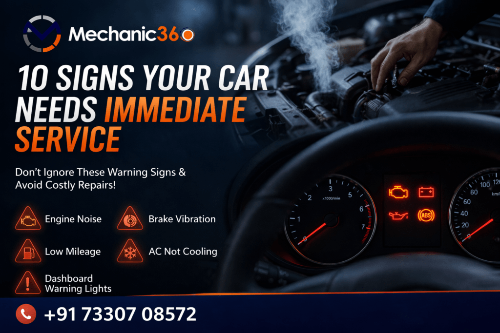 10 warning signs your car needs immediate service – engine noise, brake vibration, low mileage and dashboard warning lights | Mechanic360 car repair service.